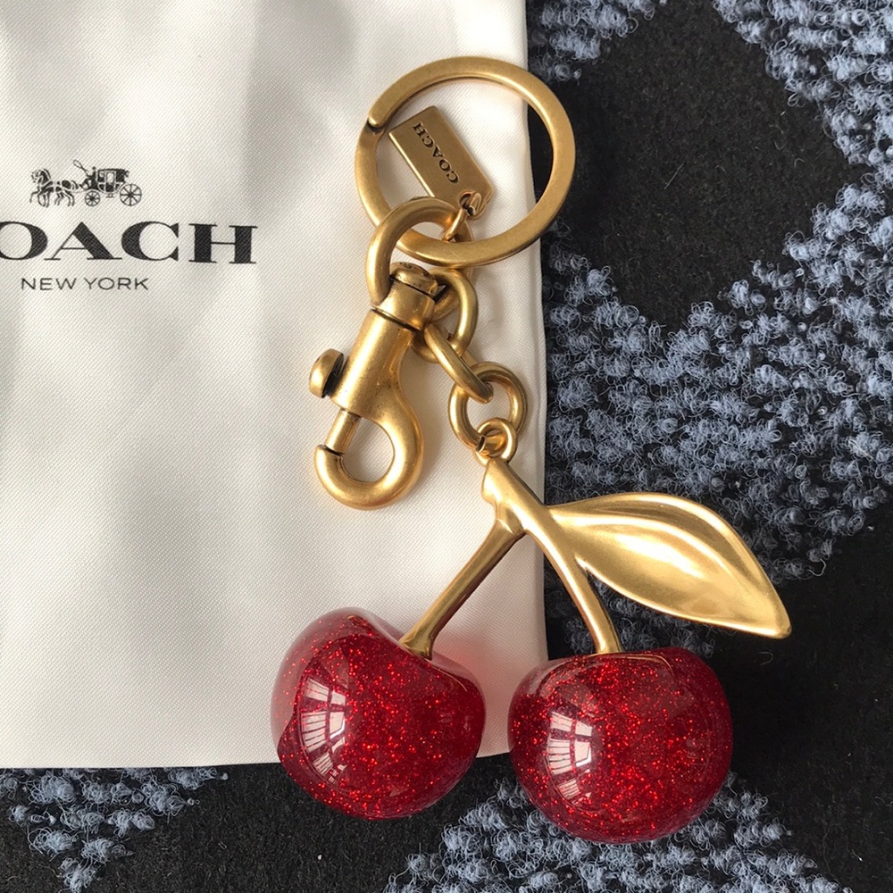 Coach Gold-Tone Cherry Keychain with Red Glitter Cherries